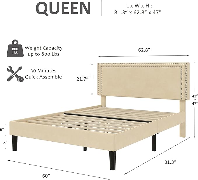 Queen Size Platform Bed Frame with Height Adjustable Upholstered Headboard, Modern Mattress Foundation,Strong Wood Slat Support, No Box Spring Needed, Easy Assembly