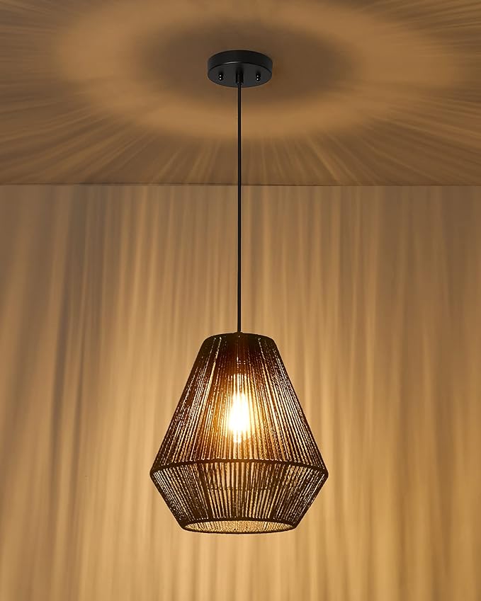 ELYONA Modern Woven Pendant Light Fixtures 12" Farmhouse Coastal Hanging Lamp Matte Black Handwoven Rattan Basket Shade Boho Pendant Light for Kitchen Island Dining Room Bar Bedroom Foyer Hallway
