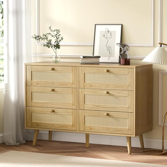6 Drawer Rattan Dresser for Bedroom, Modern Wooden Dresser Chest with Handles for Bedroom, Hallway and Living Room, Wood Oak