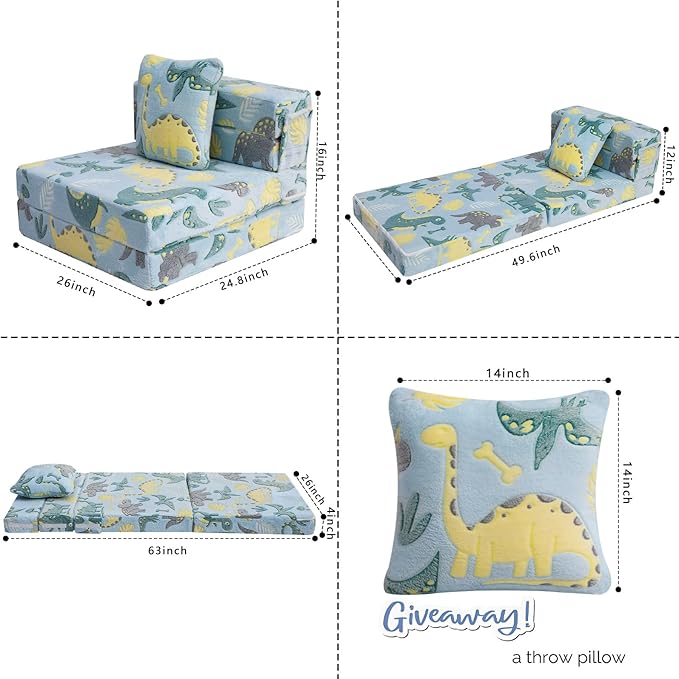 MeMoreCool Glow Dinosaur Tri-fold Sofa Bed for Kids, Foldable Futon Mattress and Chair, Convertible Floor Couch for Playroom
