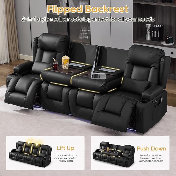 IPKIG Power Recliner Sofa with Flip-Up Backrest Console, USB & USB-C Ports, AC Outlet, LED Lights, Wall Hugger Recliners for Living Room, RV (Black, 98.7" - 4 Seat) | Faux Leather, Zero Gravity, Dual Reclining, 2 Lumabr Pillow