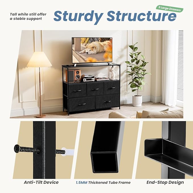 NEWBULIG 5 Drawer TV Stand with Wood Top, Entertainment Center for 45 inch TVs & Fabric Storage Organizer, Adjustable Feet, for Bedroom & Living Room,Black02