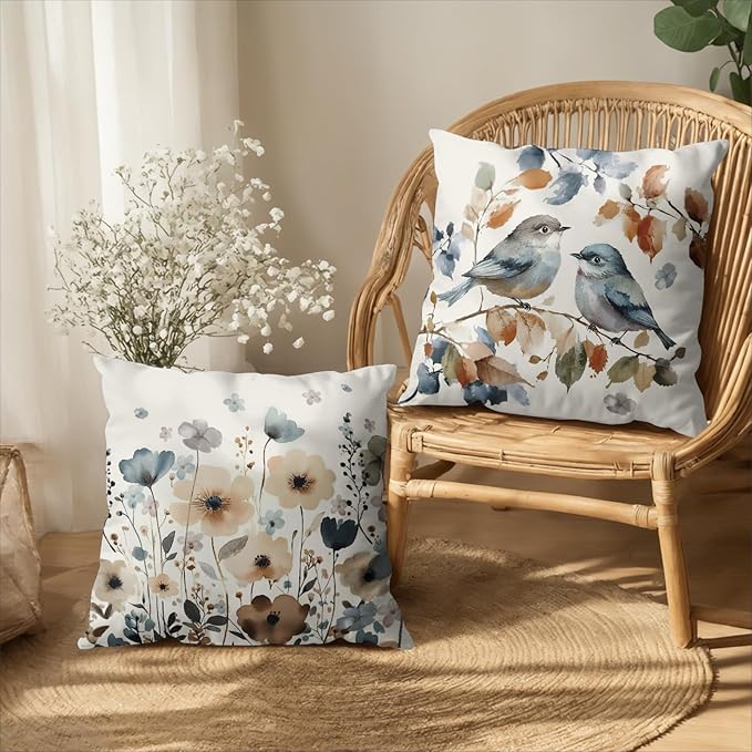 Fall Flower Bird Chinoiserie Pillow Covers 16x16 Set of 2 Burnt Orange and Blue Flowers Leaves Decorative Throw Pillows Covers Autumn Outdoor Cushion Cases for Home Couch Sofa