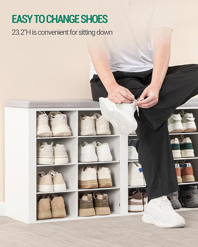Shoe Bench with Cushion, Entryway Storage Bench with 16 Cubbies, Cubby Shoe Rack with Adjustable Shelves, Shoe Organizer Cabinet for Living Room, Bedroom, Entryway, White SB25603GY