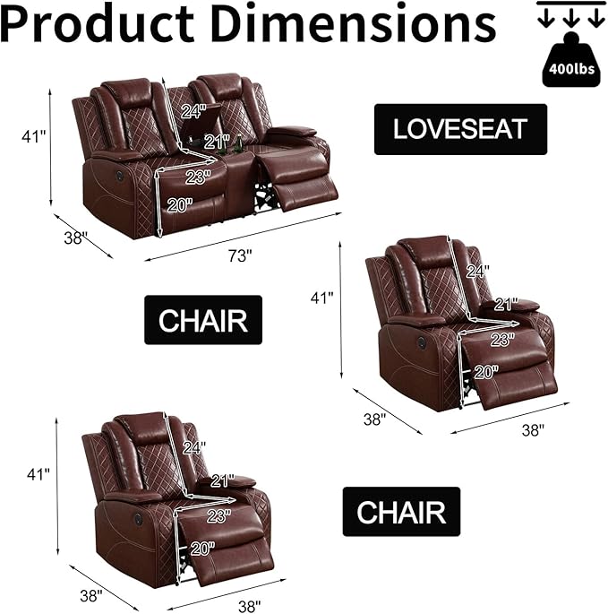 Power Leather Recliner Sofa Set with LED Light,Reclining Loveseat and 2*Chairs Set with Storage Console/USB Port/Cup Holder,Leather Couch for Living Room Furniture Sets(2+1+1 Seats,Burgundy)