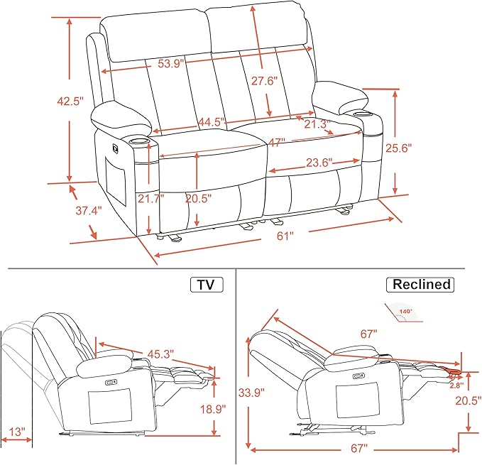 MCombo Zero Gravity Loveseat Recliner with Heat and Massage, Power Reclining Sofa for Living Room, Faux Leather 6075 (Black, Loveseat Recliner)