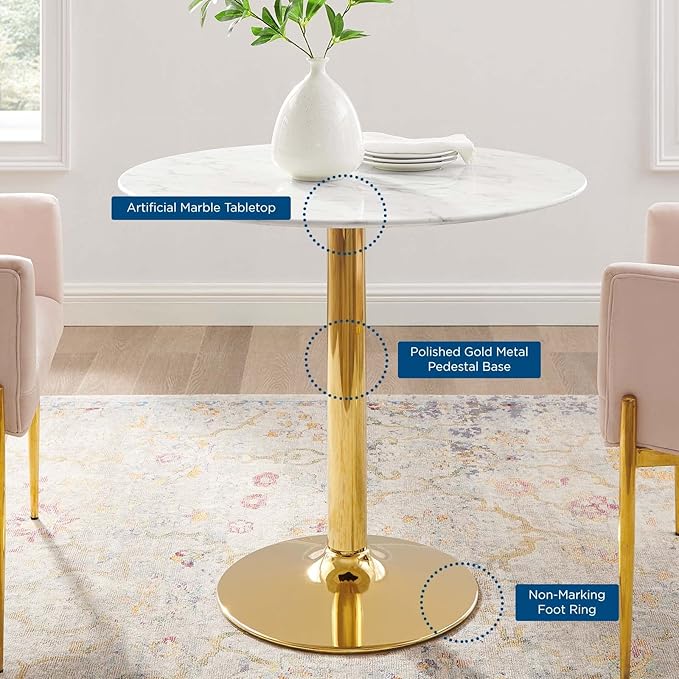 Modway Verne Round Artificial Marble 35" Dining Table in Gold White