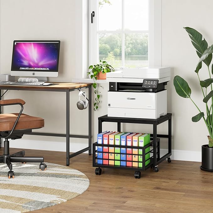 HOOBRO Mini Fridge Stand with Movable Storage Basket, Mini Fridge Cabinet with Wheels and Adjustable Feet, Sturdy Metal Frame, for Home, Apartment, Office, Black BB155TL01
