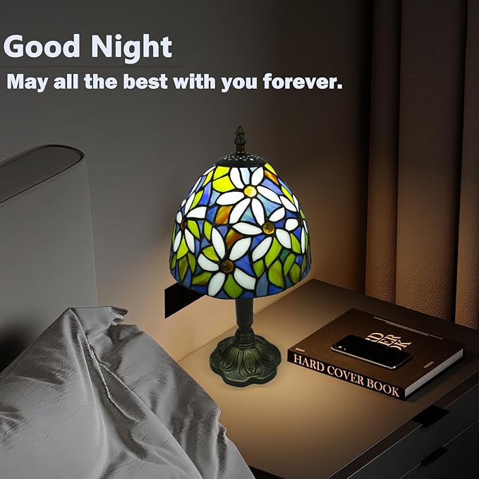 Crefotu Tiffany Style Table Lamp, 3 Color Temperatures Bedside Lamp, 8 Inch Stained Glass Desk Light for Home Office Bedroom Living Room (White Petal Pattern)