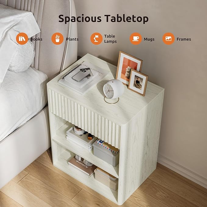 Nightstand Bedside Table Storage Drawer - Large Mid Century Modern Night Stand with Fluted Wood Storage Drawer and Open Shelf Bed Side Table for Bedroom Study Room, Ash White, Set of 1