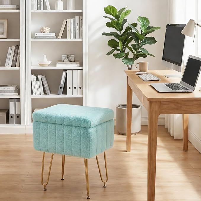 DUMOS Vanity Stool Chair with Storage, Small Ottoman Faux Fur Soft Padded Footstools Seat with 4 Metal Legs Anti-Slip Adjustable Feet Modern Footrest for Home Entryway Bedroom Makeup Mint