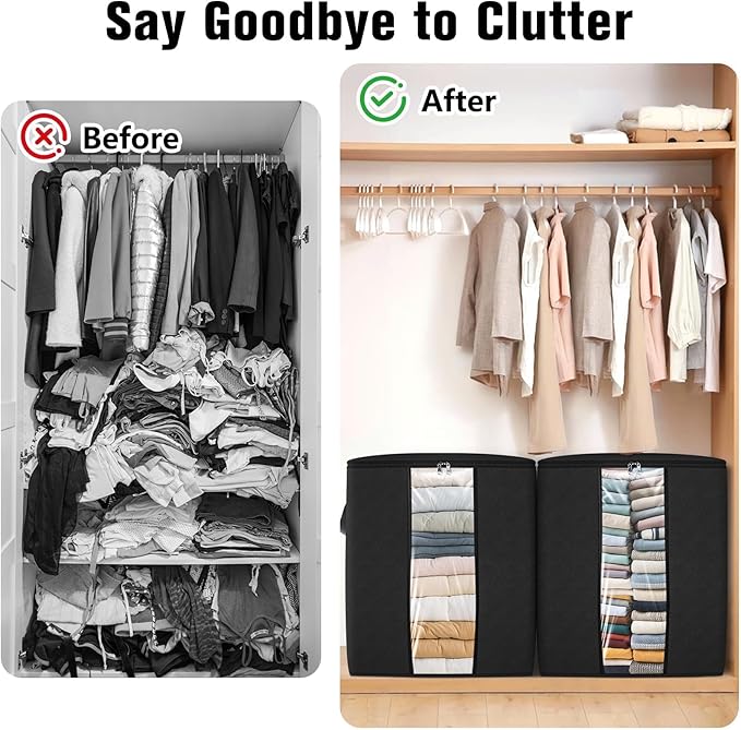 Clothes Storage Bags, 4-Pack Comforter Blanket Organizers, 80L Large Capacity Containers with Visual Window for Clothing, Quilt, Sheet, Pillow, Closet Organization for Bedding (Black)