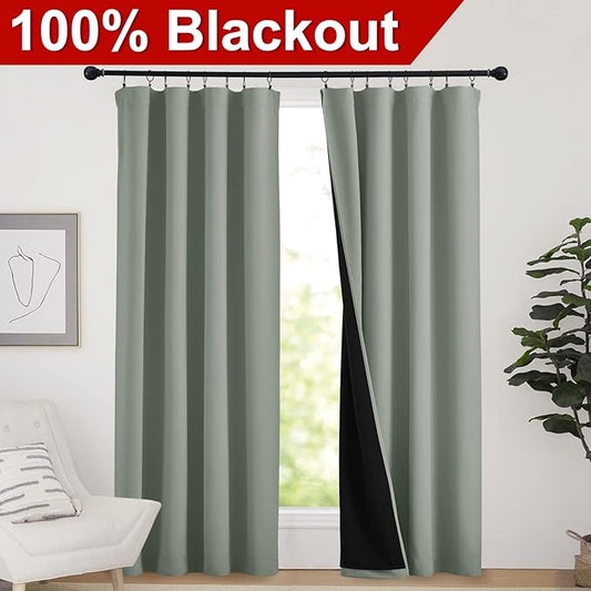 NICETOWN 100% Blackout Curtains 84 inches Long, Thermal Insulated & Noise Blocking Out Drapes for Baby Room Window, Guest Room Lined Window Dressing(Greyish Green, 52 inches Wide, 2 Panels)