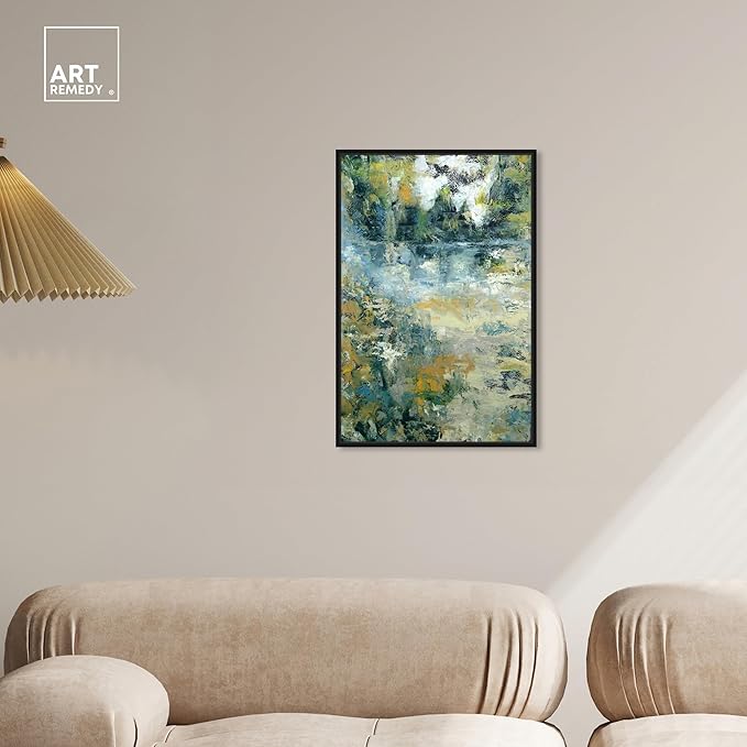 Art Remedy Green Moss Monet Garden Green Abstract Canvas Wall Art, Black Floater Frame, 16"x24"