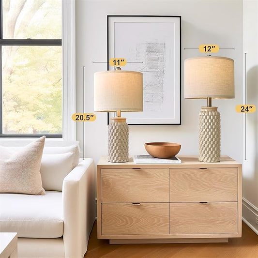 24" Modern Ceramic Bedside Lamp Set of 2 for Bedroom Decor Farmhouse Table Lamp for Living Room Office Dorm