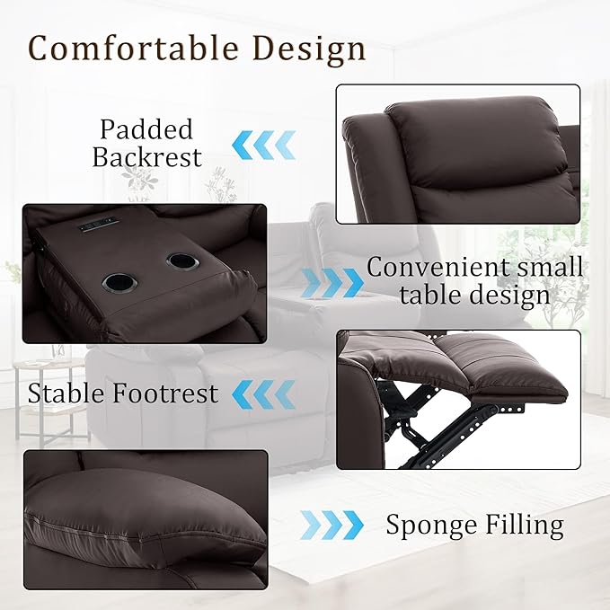 Korser Recliner Sofa, Reclining Loveseat with Console, Oversized Reclining Couch with Drop Down Table, 3-Seater Sofa with Cup Holder and Recessed Power Strip, Brown