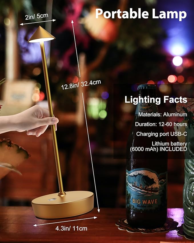 Cordless Table Lamps Rechargeable, 6000mAh Battery Operated LED Desk Lamp Outdoor Waterproof Portable Touch Dimmable Table Night Light for Patio Restaurant Dining Home Set of 2 Bronze