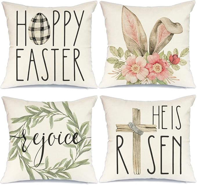 GEEORY Easter Pillow Covers 20x20 Set of 4 Easter Decorations for Home He is Risen Floral Pillows Bunny Easter Buffalo Plaid Eggs Decorative Throw Pillows Spring Easter Farmhouse Decor