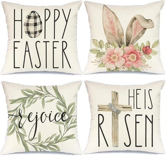 GEEORY Easter Pillow Covers - 18x18 Set of 4 Decorative Throw Pillows for Home - He is Risen Floral Bunny Buffalo Plaid Eggs Spring Farmhouse Decor