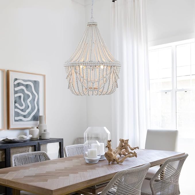 20” Bohemia Large Wood Beaded Chandelier Coastal French Country Chandelier Farmhouse Antique Pendant Light for Living Room Kitchen Island Dining Bedroom, Distressed White, UL Listed
