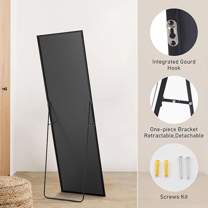 OLIXIS Full Length Mirror for Bedroom, 56"x21" Full Body Mirror with Stand, Hanging or Leaning for Wall, Aluminum Alloy Thin Frame Floor Standing for Living Room, Long, Black