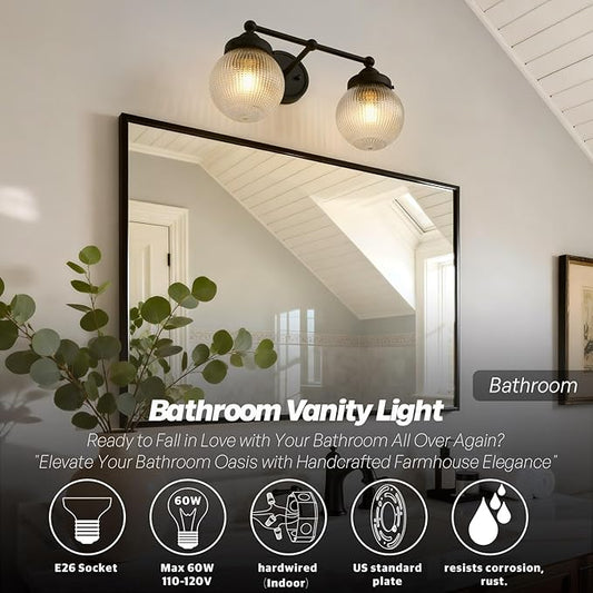 Vintage Double Arm Brass Wall Sconce Lighting, Clear Ribbed Glass 2-Lights Bathroom Vanity Light Fixture for Dining Room Bedroom Living Room Corridor