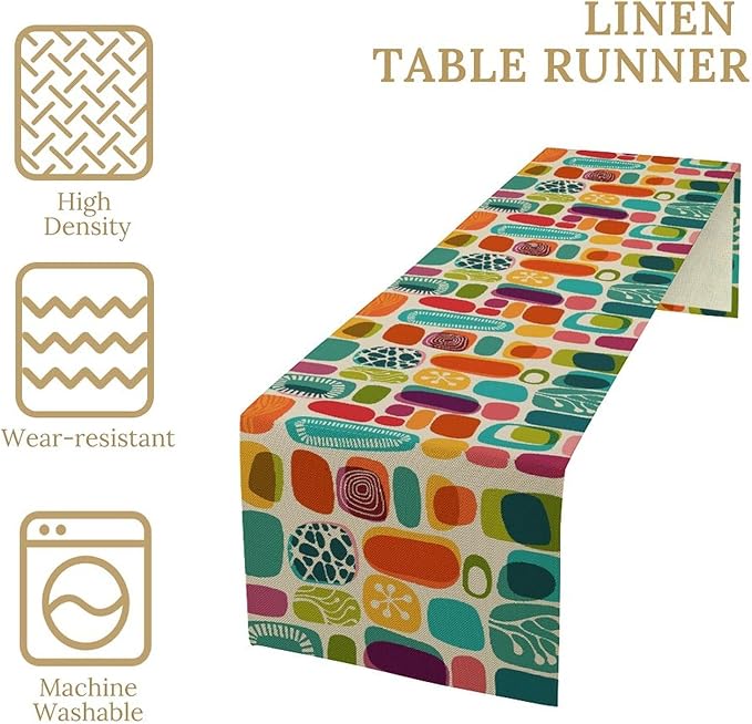 Mid Century Geometry Table Runner Colorful Rectangle Bohemia Abstract Geometry Pattern for Home Kitchen Table Decor Dining Coffee Room Party Decor 13x108in
