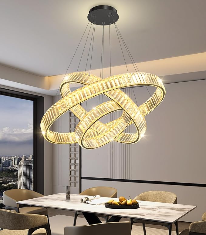16‘’+24‘’+32'' Modern Ring Chandelier Crystal Chandeliers for Dining Room Round LED Dimmable Ceiling Light Fixture for Living Room Bedroom Lighting Black