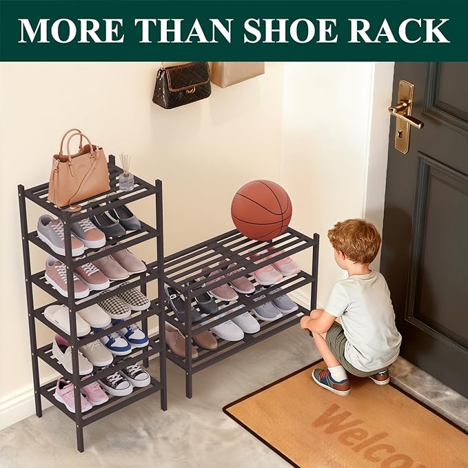 Smiry Small Bamboo Shoe Rack 5-Tier, Stackable Wooden Shoe Organizer for Entryway & Closet, Free Standing Wood Shoe Storage Shelf for Front Door & Small Spaces, Brown