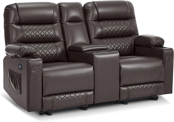 MCombo Zero Gravity Power Loveseat Recliner with Console, Heat and Vibration Massage, Reclining Loveseat Sofa with USB Ports, Cup Holders for Living Room, Faux Leather PR622Sets (Dark Brown)