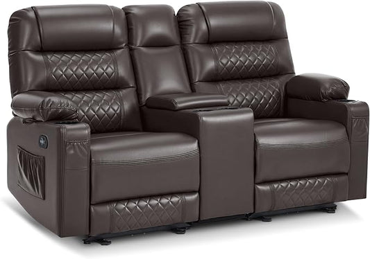 MCombo Zero Gravity Power Loveseat Recliner with Console, Heat and Vibration Massage, Reclining Loveseat Sofa with USB Ports, Cup Holders for Living Room, Faux Leather PR622Sets (Dark Brown)