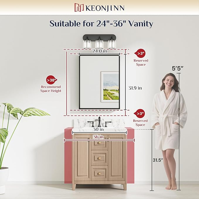 Keonjinn 24 x 32 Inch Brushed Nickel Bathroom Mirror, Beveled Rectangle Framed Mirror for Wall, Farmhouse Bathroom Vanity Mirror for Over Sink, Square Corner, Tempered Glass
