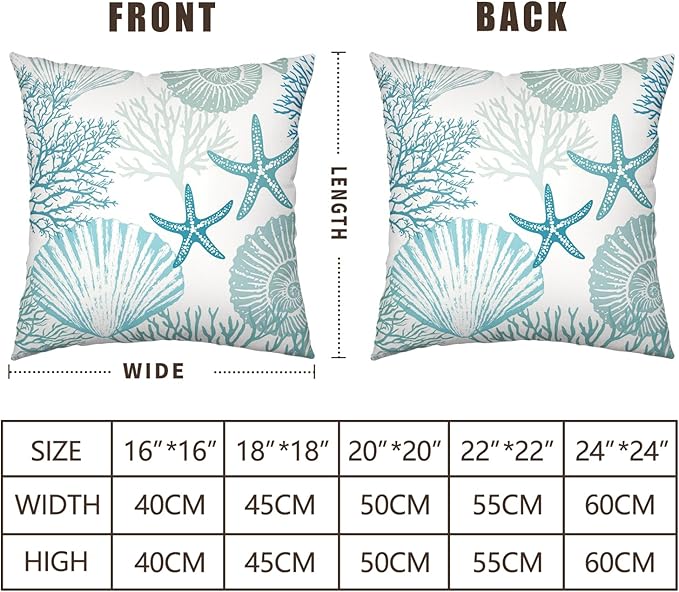 Nautical Coastal Blue Throw Pillow Covers 22x22 Set of 2 Summer Turquoise Teal Beach Outdoor Pillow Cover Coral Seashell Starfish Ocean Decorative Pillow Cases for Living Room Couch Sofa