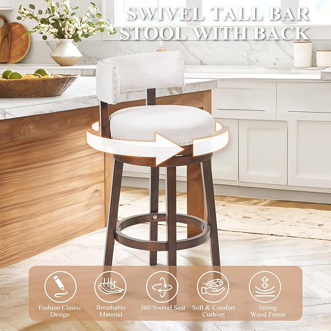 COLAMY Swivel Bar Stools Set of 3, Counter Height Barstools with Back, 30 Inch Modern Upholstered for Kitchen Island, Beige