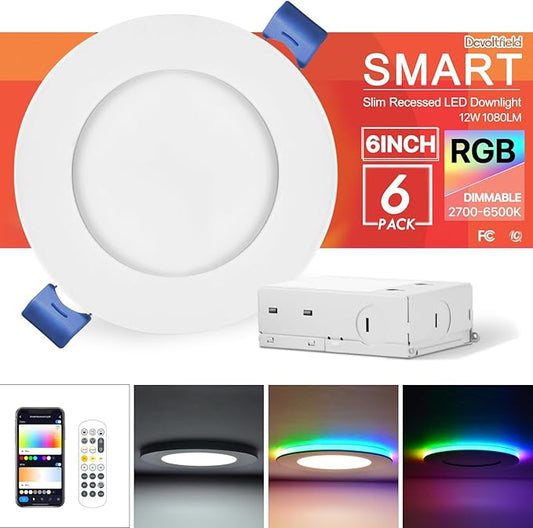 6Pack Smart RGB Recessed Light 6Inch,Ultra-Thin Canless LED Downlight,2.4GHz Wi-Fi Bluetooth Direct Connect,2700K-6500K,12W,1080LM,Work with App/Alexa/Google Assistant/Siri