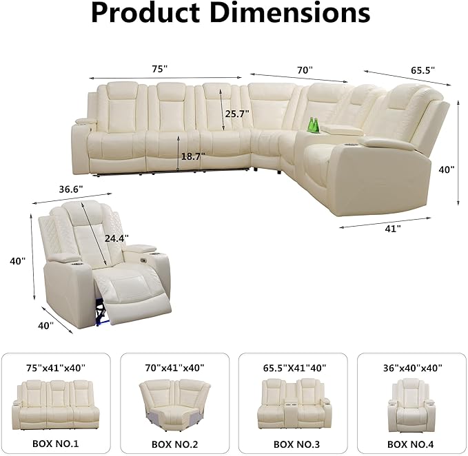 Air Leather Recliner Sectional Sofa Set, Power Reclining Sectional Couch for Living Room, L Shaped Recliner Corner Couch and Single Chair with LED Lighting, USB Port&Storage (Cream White Pro)