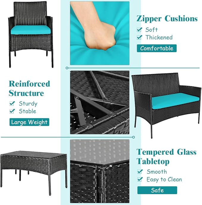 Tangkula 4 Piece Patio Furniture Set, Outdoor Wicker Conversation Set with Tempered Glass Coffee Table, Rattan Loveseat & Chairs Set with Seat Cushions for Backyard, Garden, Poolside (1, Turquoise)