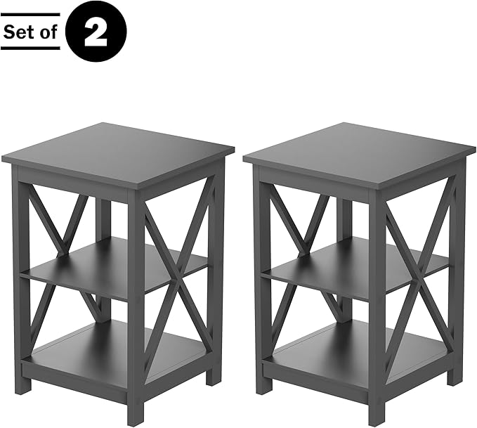 Side Tables with Two Shelves – Set of 2 Contemporary Nightstands with X-Legs – Wooden End Table Pair for Living Room or Bedroom by Lavish Home (Gray)