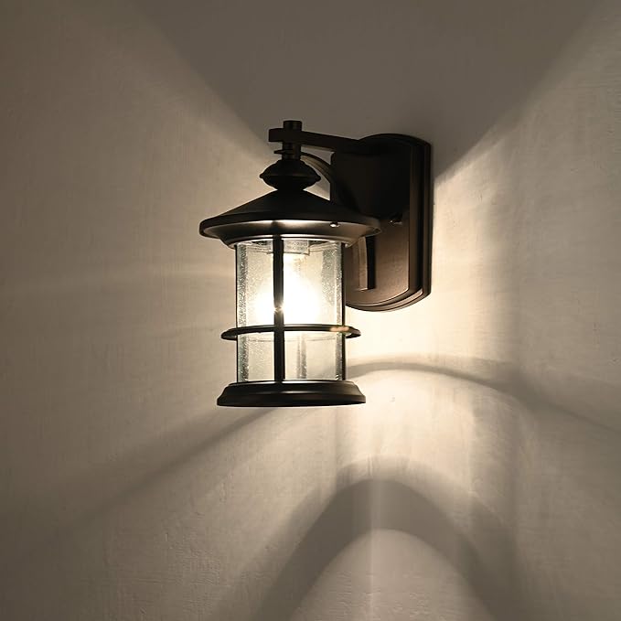 MICSIU 100W Max Vintage Farmhouse Outdoor Wall Light, 10 Inch Oil Rubbed Bronze Metal Exterior Sconce, Clear Seedy Glass Porch Light for Entryway, Garage, or Bathroom