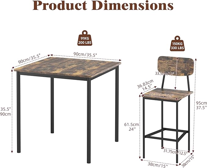Dining Table Set for 4, 5 Piece Kitchen Table with Chairs, Sturdy Industrial Space Saving Dinette Set for Pub, Family Dinners, Apartment, Dark Brown
