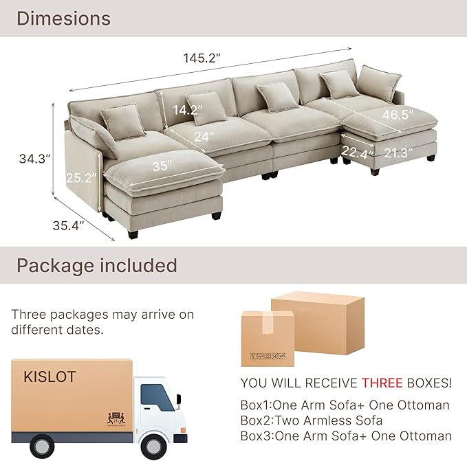 KISLOT 157" Oversized Modular Sectional Sofa,U-Shaped Cloud Couch with Movable Ottoman,Thick Cushions,6 Deep Seats with 6 Throw Pillows Sofa Couch Set for Living Room, Bedroom | Wood Frame