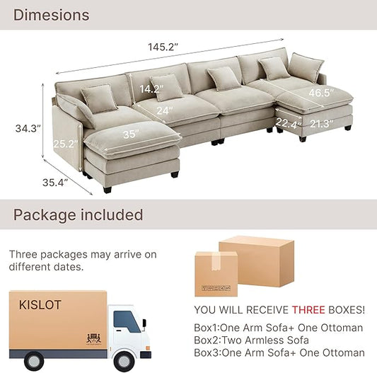 KISLOT 157" Oversized Modular Sectional Sofa,U-Shaped Cloud Couch with Movable Ottoman,Thick Cushions,6 Deep Seats with 6 Throw Pillows Sofa Couch Set for Living Room, Bedroom | Wood Frame