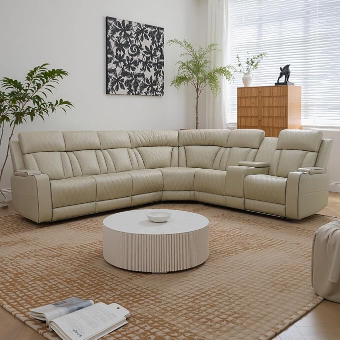 Power Recliner Sectional Sofa with LED Light, Breathing Leather Recliner Sofa Couch with USB Port/Cup Holder/Storage for Living Room (6 Seat Reclining Sectional Couch) (Khaki)
