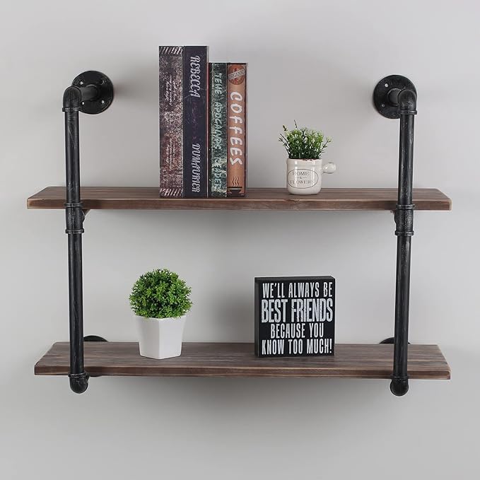 MBQQ Industrial Pipe Shelving Wall Mounted,30in Rustic Metal Floating Shelves,Steampunk Real Wood Book Shelves,Wall Shelf Unit Bookshelf Hanging Wall Shelves,Farmhouse Kitchen Bar Shelving(2 Tier)