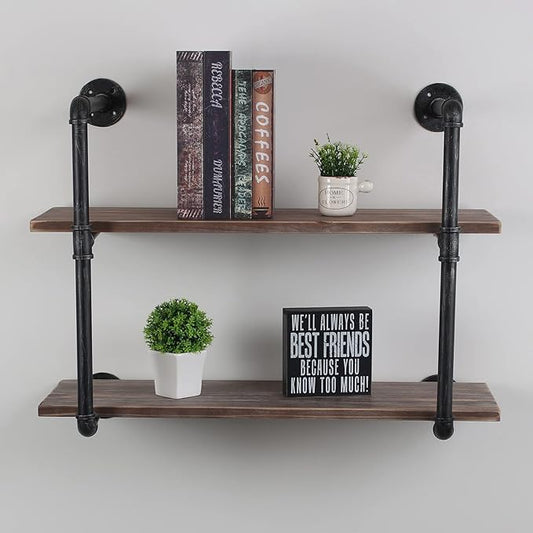 MBQQ Industrial Pipe Shelving Wall Mounted,30in Rustic Metal Floating Shelves,Steampunk Real Wood Book Shelves,Wall Shelf Unit Bookshelf Hanging Wall Shelves,Farmhouse Kitchen Bar Shelving(2 Tier)