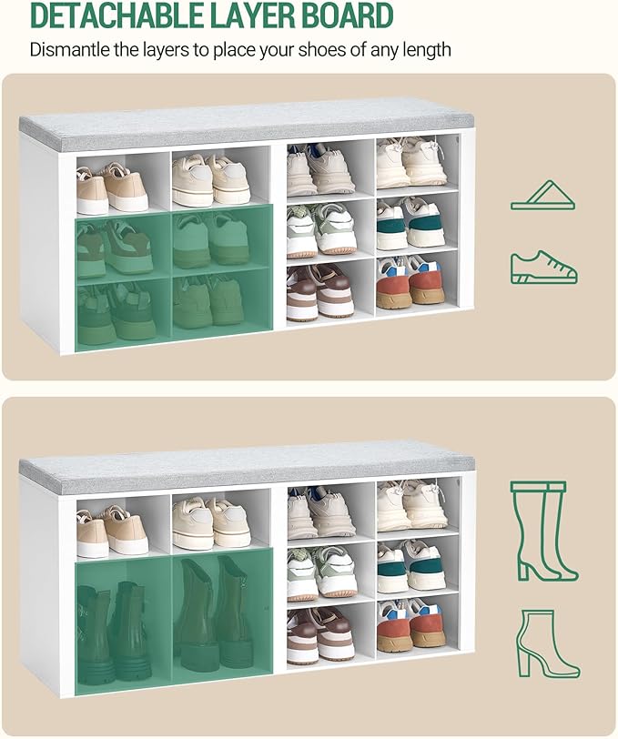 Shoe Bench with Cushion, Entryway Storage Bench with 12 Cubbies, Cubby Shoe Rack with Adjustable Shelves, Shoe Organizer Cabinet for Living Room, Bedroom, Entryway, White SB19003GY