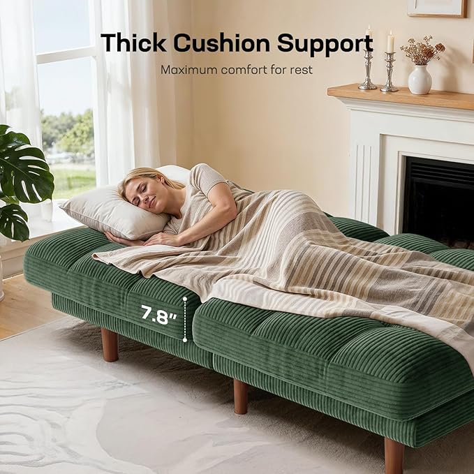 Marsail 65" Futon Sofa Bed, Convertible Small Recliner Sleeper Sofa Bed with Adjustable Backrest, Corduroy Loveseat Futon Couch for Small Apartments, Living Room Office, Guest Room (Green)
