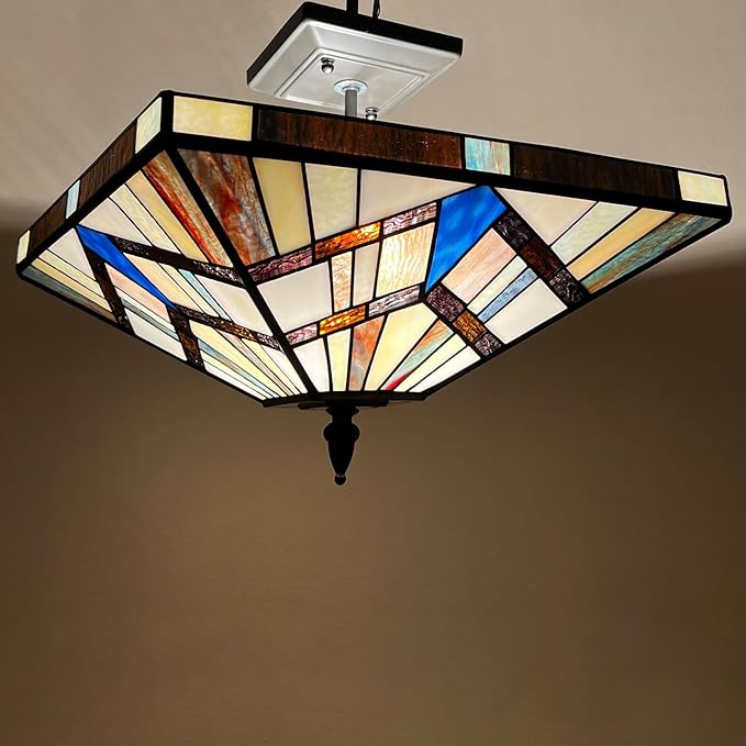 Capulina Tiffany Lamp Stained Glass Semi Flush Mount Ceiling Light 2-Light 14 Inches Wide Cream Amber Antique Tiffany Style Ceiling Lamp for Home Kitchen Porch Entryway Bathroom Hallway