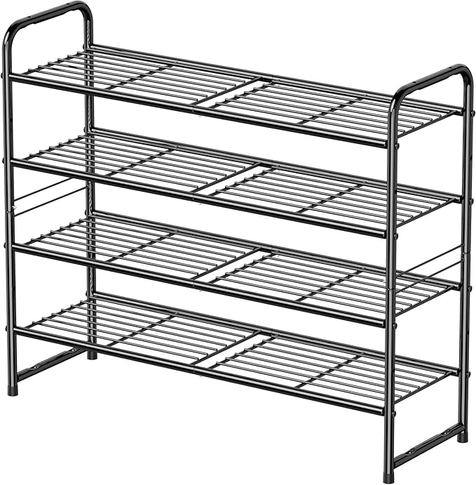 4 Tier Shoe Rack, 32.5" Wide Stackable Sturdy Metal Shoe Shelf Storage Organizer with Height-Adjustable for Entryway, Closet, Black