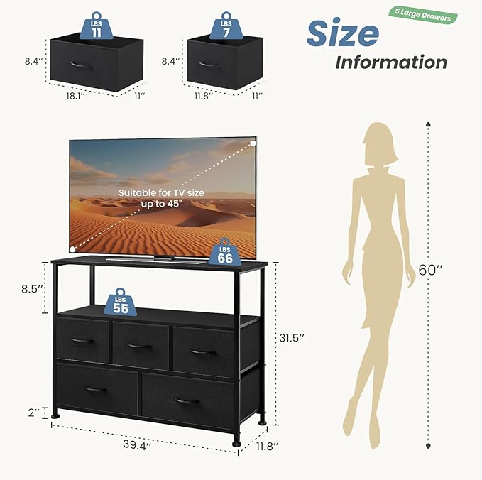 NEWBULIG 5 Drawer TV Stand with Wood Top, Entertainment Center for 45 inch TVs & Fabric Storage Organizer, Adjustable Feet, for Bedroom & Living Room,Black02